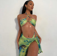Three-piece Print Wrap Chest Halterneck Vest Miniskirt