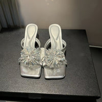 2026 Spring-Summer Fashion Firework Rhinestone Chain High-End Design Influencer Outdoor Wear Non-Slip Square Toe High Heel Sandals