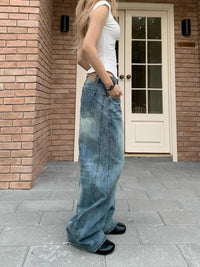 Retro Patchwork Design Wide Leg Jeans Casual Mopping Trousers