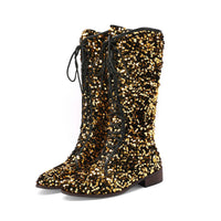 Glittery Round-toe Mid-heel Over-the-knee Boots With Front Lacing