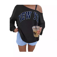 Women's Simple Letter Print Off-shoulder Long Sleeve Sweater