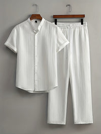 Mens Multi-Color Bamboo-Texture Wrinkle-Finish Short-Sleeve Shirt And Pants Set