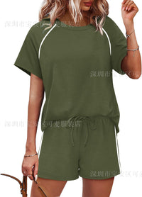 Womens Round-Neck Short-Sleeve Casual Shorts Two-Piece Set