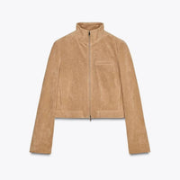 Spring Short Suede Jackets Women Brown Stand Collar Zip
