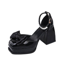 Women's New High Chunky Heel Pearl Bow Mary Jane Shoes