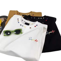 Retro High-Street Embroidered Loose-Fit Half-Sleeve Top