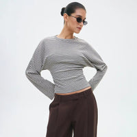 New Solid Color Round Neck Striped Sexy Long Sleeve T-shirt