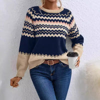European And American Women's Clothing Sweater Fashion Round Neck Knitted Top Classic Striped Color Matching