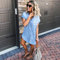 Women's Short-sleeved Distressed Denim Buckle Casual Shirt