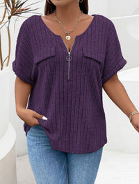 Solid-color Plus-size Top With Zipper Short Sleeves And Faux Pockets