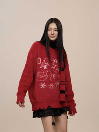 Red Christmas Round Neck Sweater Women's Warm And Loose Sweater