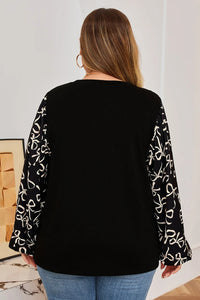 Black Bow Patchwork Round Neck Plus Size Shirt