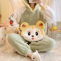 Women's Thickened Flannel Pajamas Hooded Loungewear Set