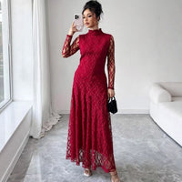 Half-high Neck Spliced Lace Sexy Long-sleeve Maxi Dress