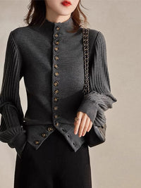 Retro Elegance Patchwork Stand-up Collar Knitted Cardigan