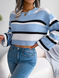 Casual Striped Long Sleeve Cropped Knit Sweater