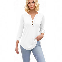 Womens Plus-Size Loose V-Neck Buttoned Three-Quarter Sleeve T-Shirt
