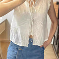 Summer Sweet Bowknot Decoration Sleeveless Lace Embroidered Shirt