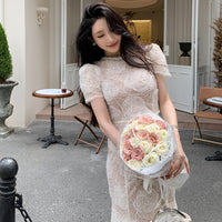 Womens Short-Sleeve Beige One-Piece Fishtail Maxi Dress