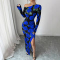 SpringAutumn Elegant Rose-Print Slit Sheath Dress