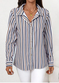 Womens Single-breasted Long-sleeve Casual Striped Shirt