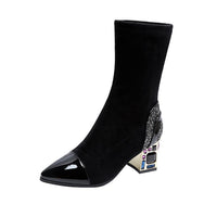 Chunky Heel Ankle Boots Pointed Toe Rhinestone Simple Zipper Casual