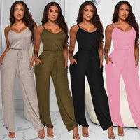 Mitation Cotton Solid Color Sling High Waist Jumpsuit