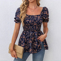 Women's Casual Square Neck Smocked Floral Vacation Blouse