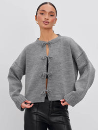 European And American European And American Leisure Loose Cardigan Lace-up Solid Color Knitted Sweater For Women