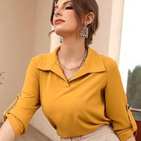 Polo Collar Casual Loose Three-quarter Sleeve Top