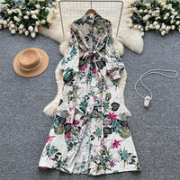 French-style Retro Elegant Single-Breasted Lace-Up Waist Floral Print Dress For Women