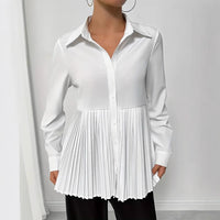 Solid-color Buttoned Pleated Long-sleeve Shirt
