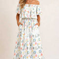 Printed Off-shoulder Short-sleeve Maxi Dress