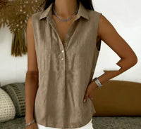 Womens Loose Comfortable Collared Sleeveless Solid-Color Shirt