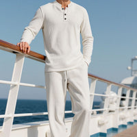Mens Casual Solid-Color Button-Down Crew-Neck Long-Sleeve Pants Set