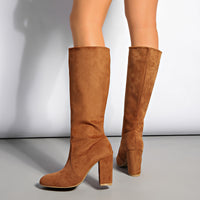 Suede Pleated High Thick Heel Pointed Toe Large Size Sleeve Boots