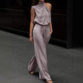 Womens Fashion Solid Color Turtleneck Sleeveless Top High-Waist Straight-Leg Wide-Leg Pants Set