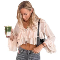 Chiffon V-neck Lace-up Ruffled Shirt