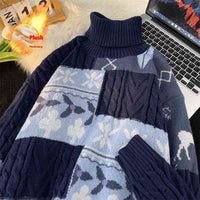 Fleece-lined Thickened Turtleneck Retro Art Design Sweater Warm