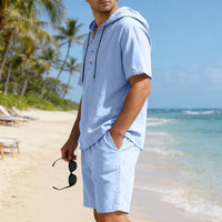 Men's Linen Hooded Casual Set - Loose Fit Breathable Two-Piece Outfit For Summer Daily Wear Holiday Outfit