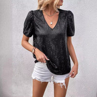 Women's Solid Color Sequin V-neck Loose Short Sleeve