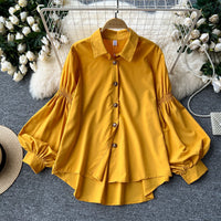 Pleated Lantern-sleeve Single-breasted Loose-fitting Versatile Shirt