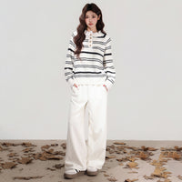 Autumn And Winter Lace Ruffle Color Block Stripe Thickened Knit Sweater