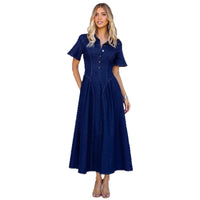 Elegant Waist Cinched Womens Denim Swing Dress With Short Sleeves
