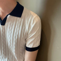 Trendy Men's Polo Shirt V Lapel Stretch Jacquard Texture Slim-fit Short-sleeved Knitted Top