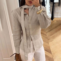 New Lace-up Waist Cotton And Linen Ribbon Shirt Women's Design Sense