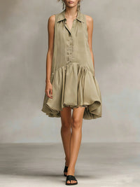 Single- Breasted Shirt Collar Ruffled Dress