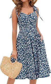 V-Neck Elegant Floral Print Waist-Cinching Lace-Up A-Line Dress Womens Wear
