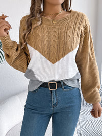 Women Casual Color Block Cable Knit Lantern Sleeve Pullover Sweater