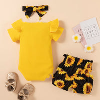 Yellow Sunken Stripe Romper Sunflower Belt Three-piece Set